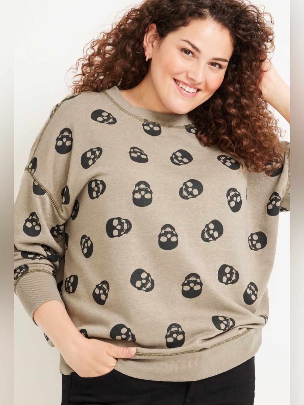 Maurices Skull Print Sweatshirt Sage Green Black XS Cozy Oversized Pullover